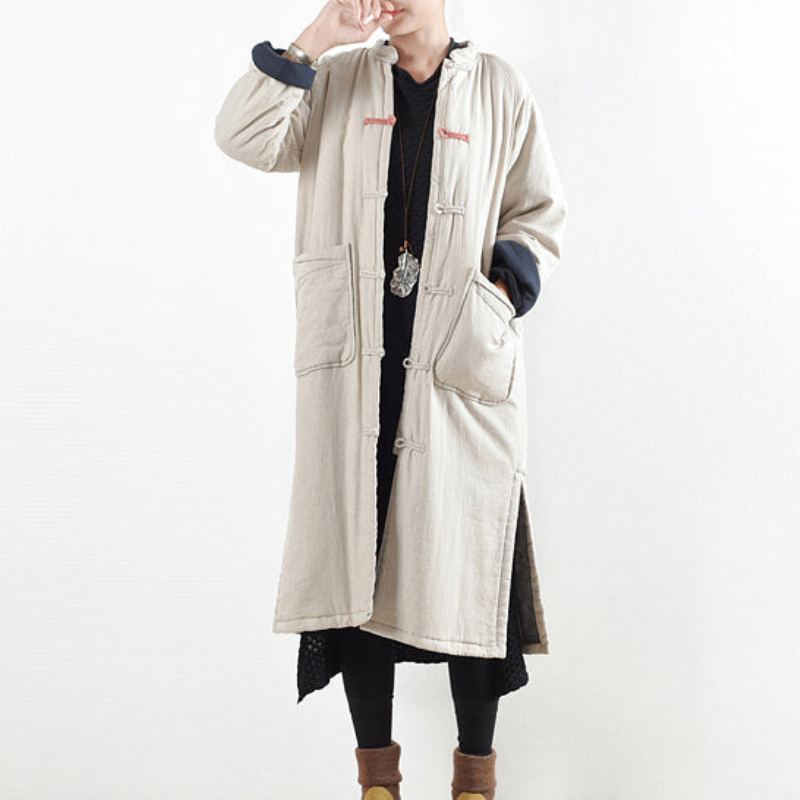 Manteau Décontracté De Luxe Beige Blanc Ample En Coton Trench-coat Élégant Ouvert Sur Le Côté Bouton Chinois - Rouge