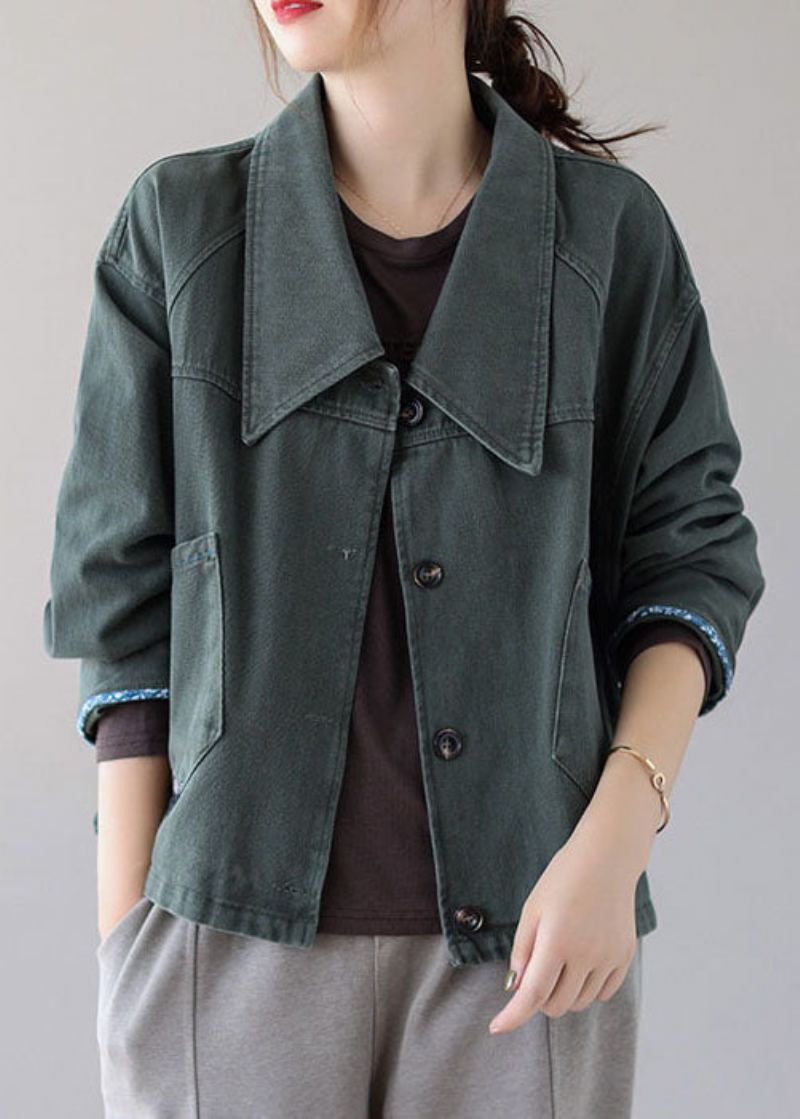 Manteau En Denim D'automne Avec Poches Patchwork Et Boutons Verts Vintage - Doudounes femmes