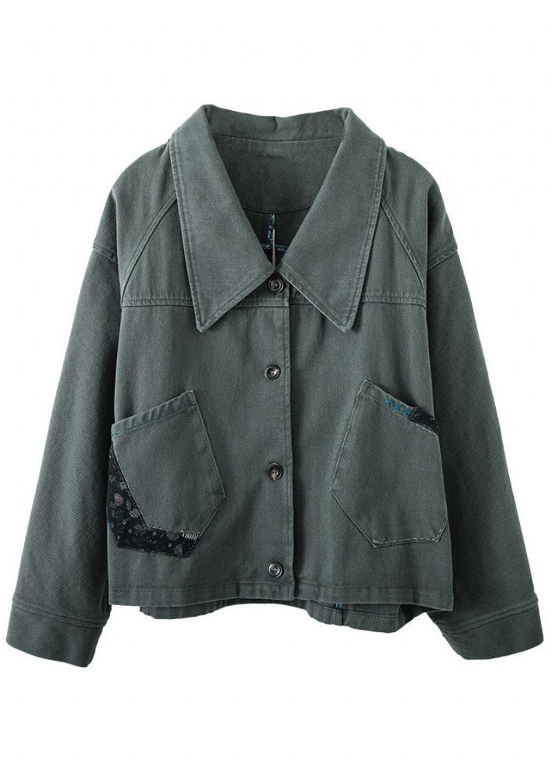 Manteau En Denim D'automne Avec Poches Patchwork Et Boutons Verts Vintage - Doudounes femmes