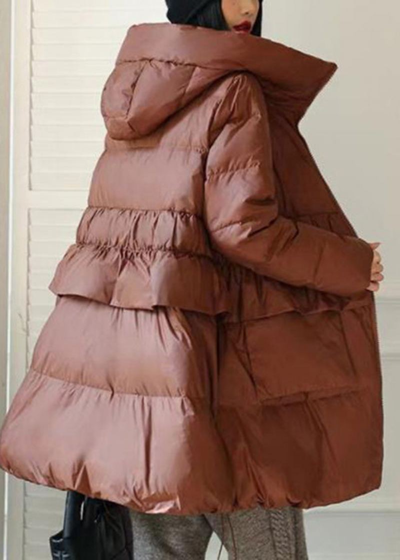 Manteau Doudoune En Duvet De Canard À Volants À Capuche Marron Bricolage Hiver - Doudounes femmes