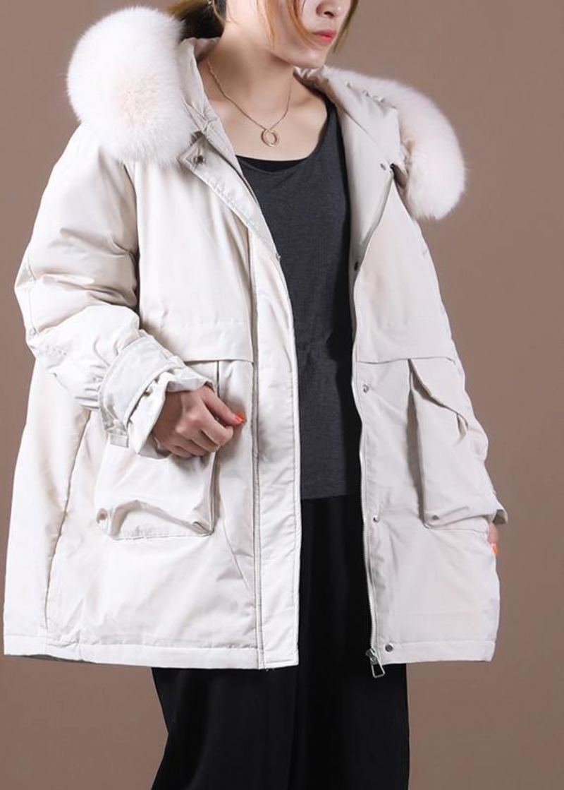 Manteau En Duvet Beige Élégant Pour L'hiver Coupe Ample Col En Fourrure Fermeture Éclair Pardessus Fin