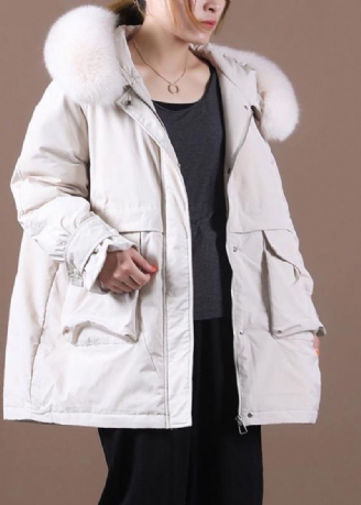 Manteau En Duvet Beige Élégant Pour L'hiver Coupe Ample Col En Fourrure Fermeture Éclair Pardessus Fin