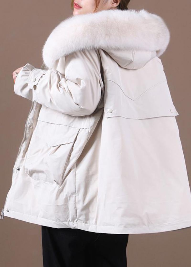 Manteau En Duvet Beige Élégant Pour L'hiver Coupe Ample Col En Fourrure Fermeture Éclair Pardessus Fin - Doudounes femmes