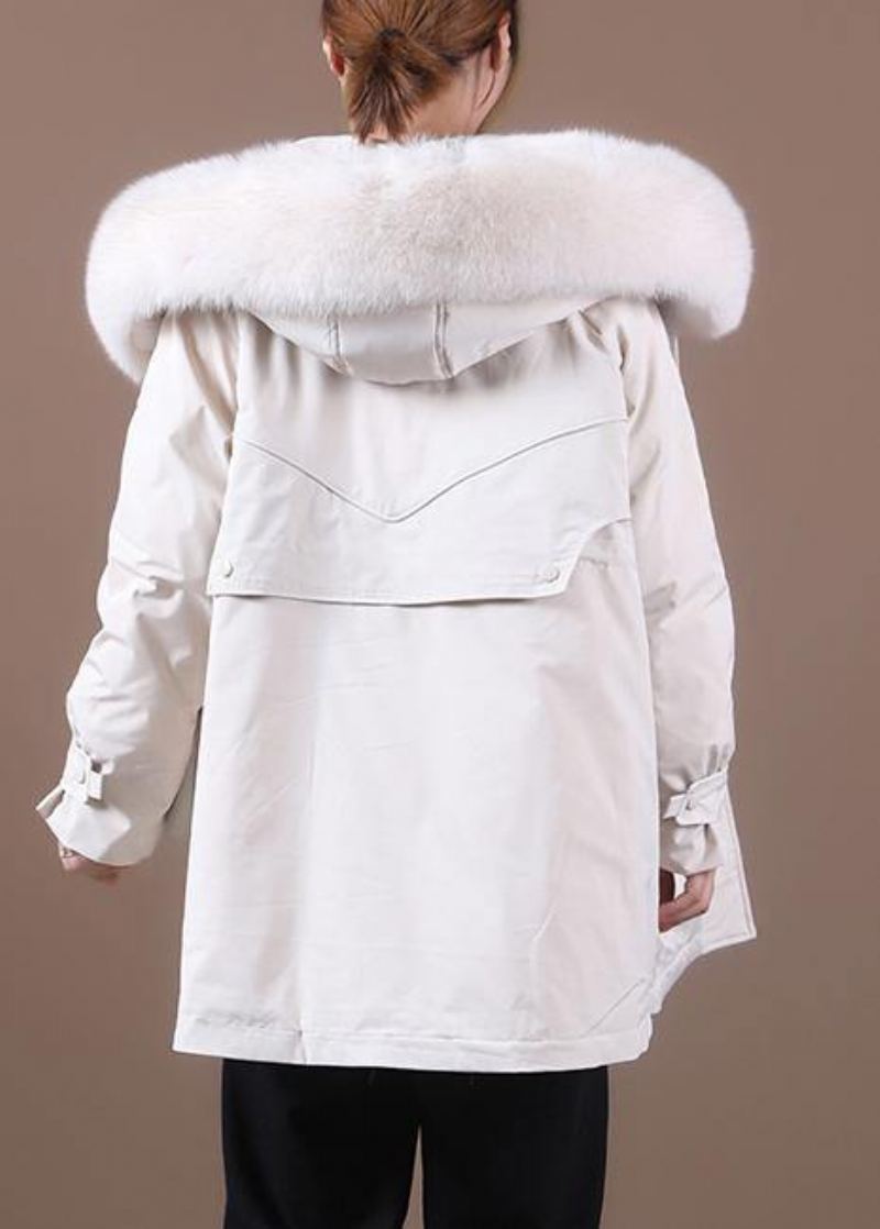 Manteau En Duvet Beige Élégant Pour L'hiver Coupe Ample Col En Fourrure Fermeture Éclair Pardessus Fin - Doudounes femmes