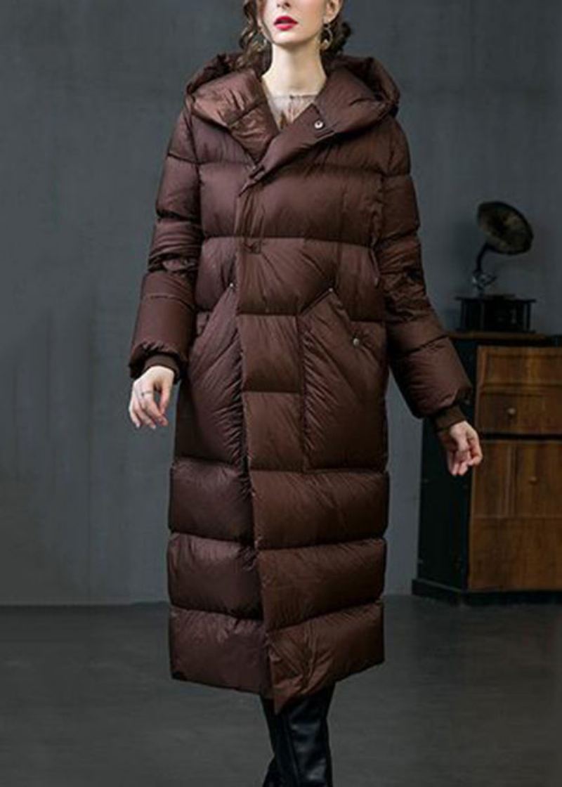 Manteau En Duvet De Canard Avec Poches À Capuche Marron Ample Hiver - Doudounes femmes