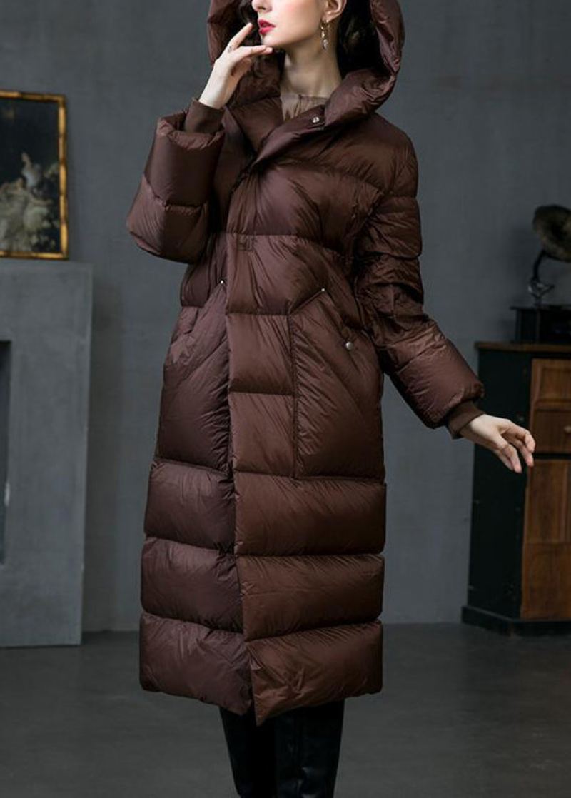 Manteau En Duvet De Canard Avec Poches À Capuche Marron Ample Hiver - Doudounes femmes