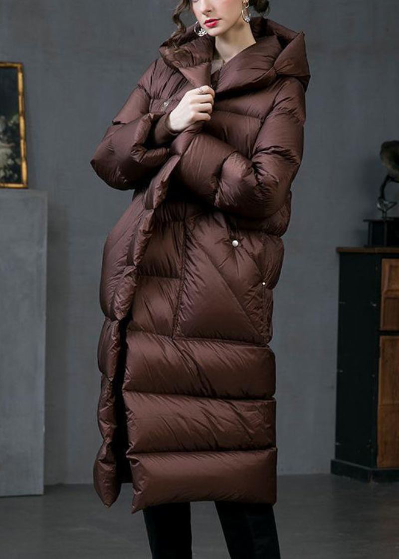 Manteau En Duvet De Canard Avec Poches À Capuche Marron Ample Hiver - Doudounes femmes