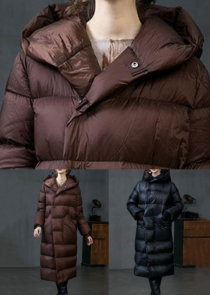 Manteau En Duvet De Canard Avec Poches À Capuche Marron Ample Hiver - Doudounes femmes