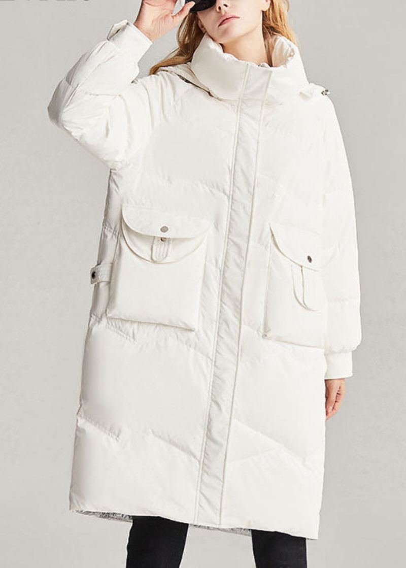 Manteau En Duvet De Canard Blanc Fait À La Main Capuche Amovible Col Montant Mode Hiver - Doudounes femmes