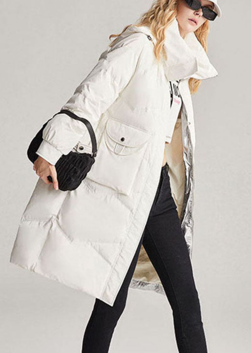 Manteau En Duvet De Canard Blanc Fait À La Main Capuche Amovible Col Montant Mode Hiver - Doudounes femmes