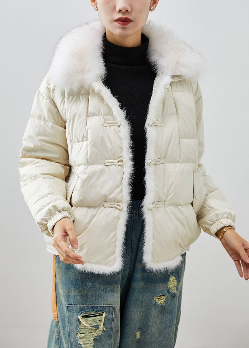 Manteau En Duvet De Canard Épais Blanc Col De Renard Surdimensionné Bouton Chinois Hiver - Doudounes femmes