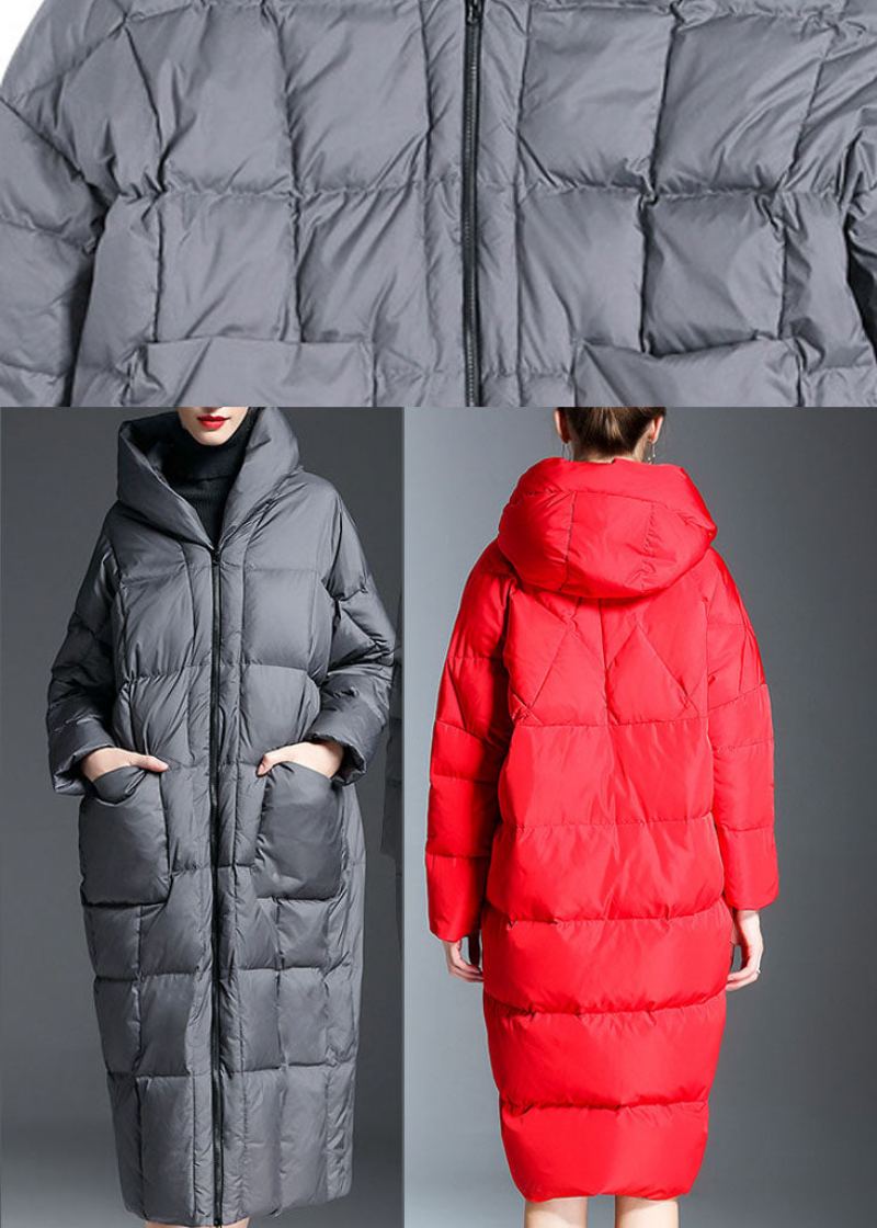 Manteau En Duvet De Canard Épais Et Chaud À Fermeture Éclair Gris Tendance Hiver - Rouge