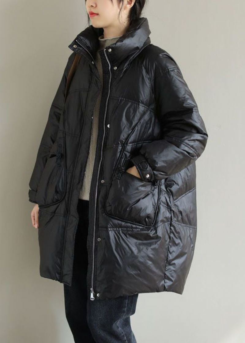 Manteau En Duvet De Canard Épais Noir Col Montant Poches Surdimensionnées Hiver