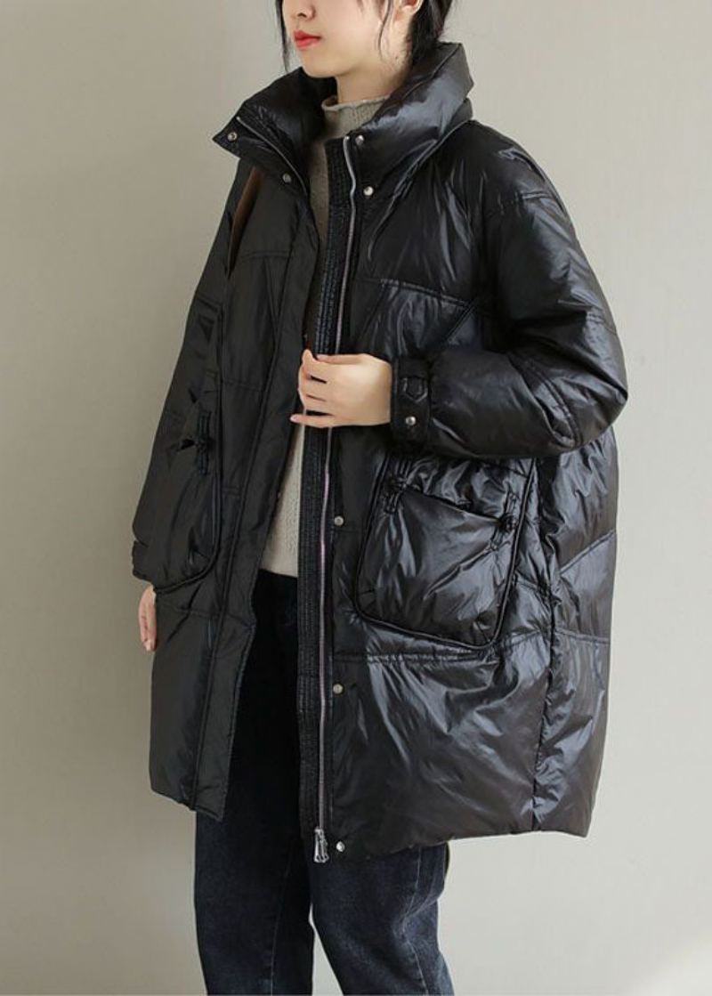 Manteau En Duvet De Canard Épais Noir Col Montant Poches Surdimensionnées Hiver - Doudounes femmes