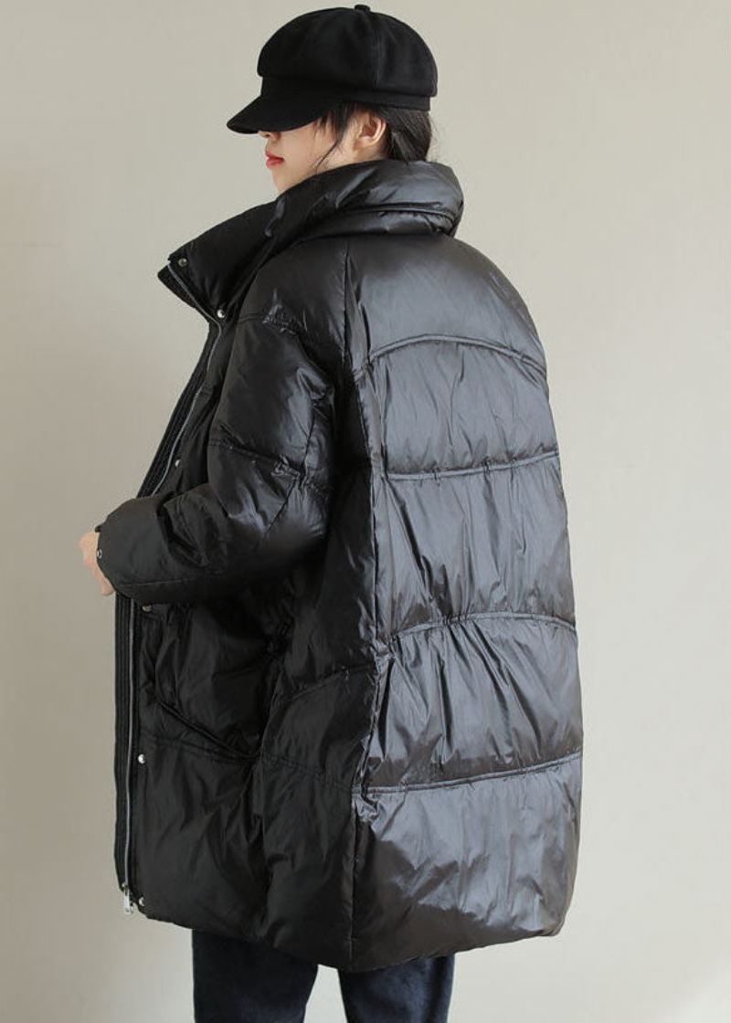 Manteau En Duvet De Canard Épais Noir Col Montant Poches Surdimensionnées Hiver - Doudounes femmes