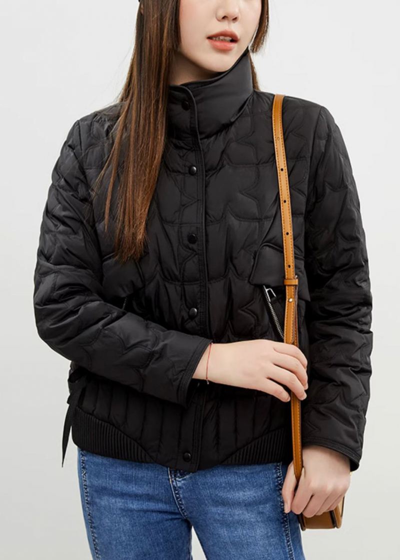 Manteau En Duvet De Canard Fin Noir Simple Col Montant Boutons Patchwork Hiver - Doudounes femmes