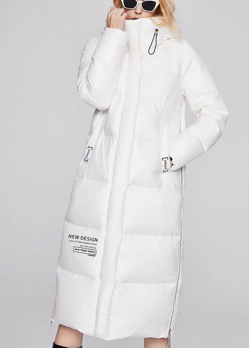 Manteau En Duvet De Canard D'hiver À Capuche Blanc Moderne Avec Cordon De Serrage - Blanc