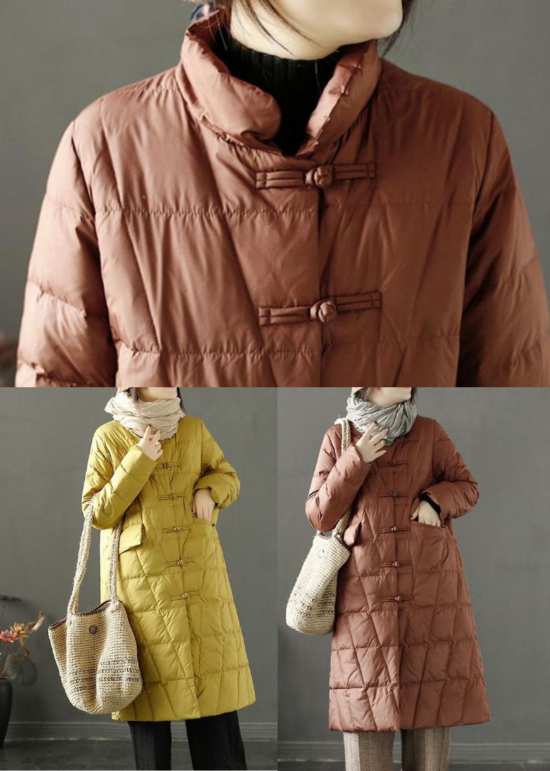 Manteau En Duvet De Canard Marron Fin Avec Poches À Col Montant Pour L'hiver - Doudounes femmes