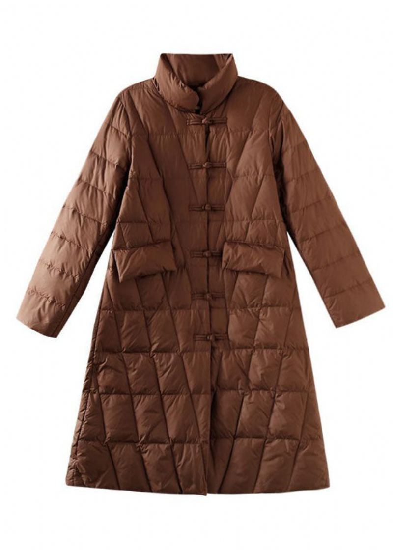 Manteau En Duvet De Canard Marron Fin Avec Poches À Col Montant Pour L'hiver - Doudounes femmes