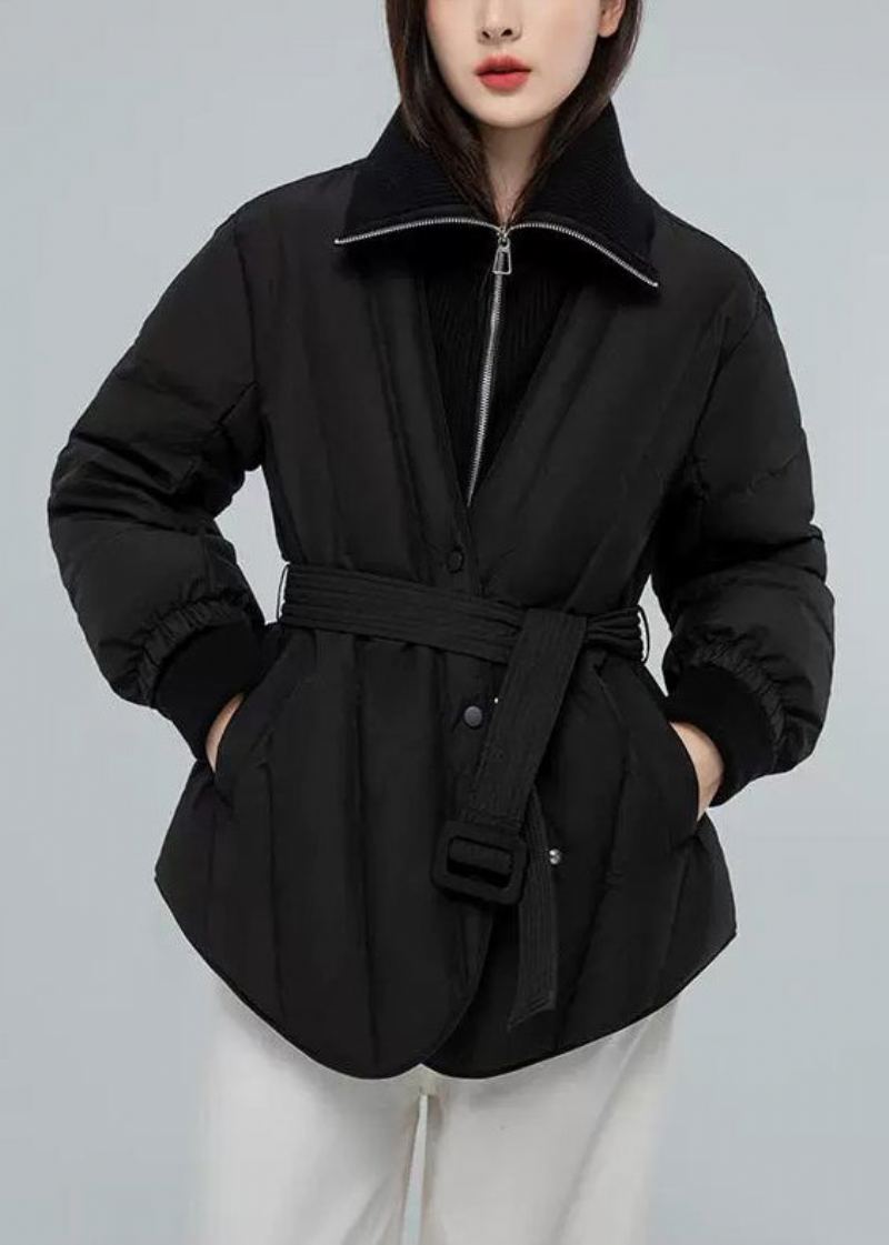 Manteau En Duvet De Canard Noir Avec Poches Boutonnées Et Fermeture Éclair À Manches Longues - Doudounes femmes