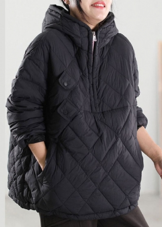 Manteau En Duvet De Canard Noir À Capuche Grande Taille Patchwork Hiver