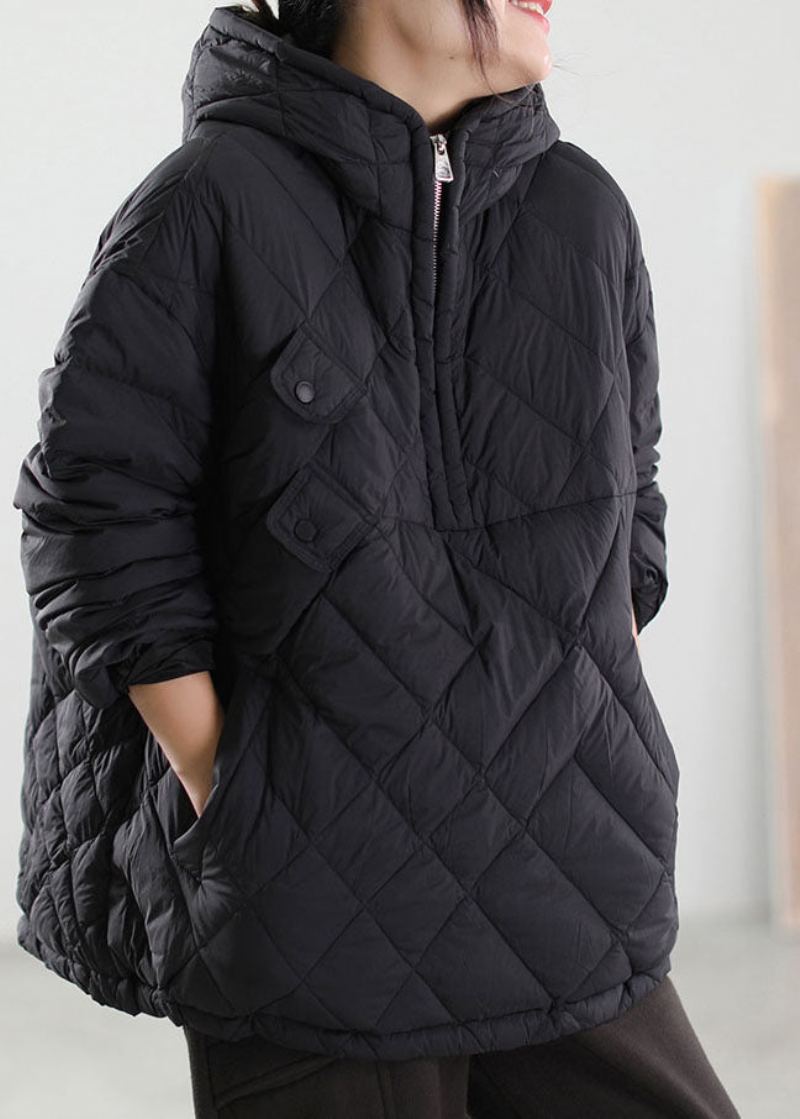 Manteau En Duvet De Canard Noir À Capuche Grande Taille Patchwork Hiver - Noir