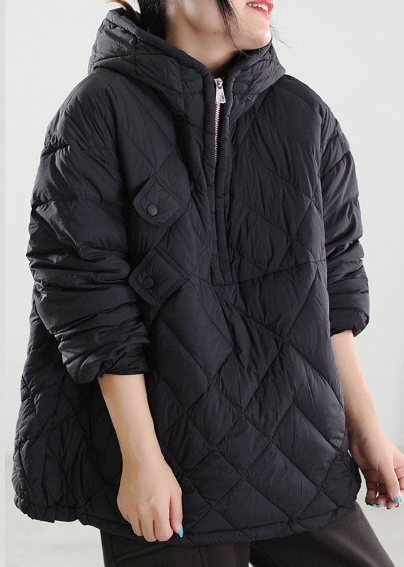 Manteau En Duvet De Canard Noir À Capuche Grande Taille Patchwork Hiver - Noir