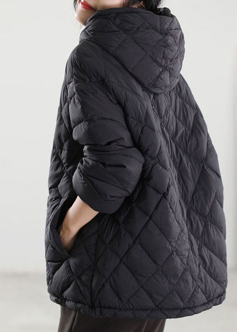 Manteau En Duvet De Canard Noir À Capuche Grande Taille Patchwork Hiver - Noir