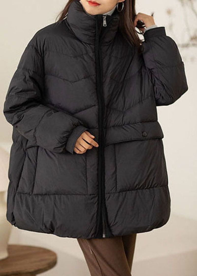 Manteau En Duvet De Canard Noir À Col Montant Et Poches Surdimensionnées Pour L'hiver - Doudounes femmes