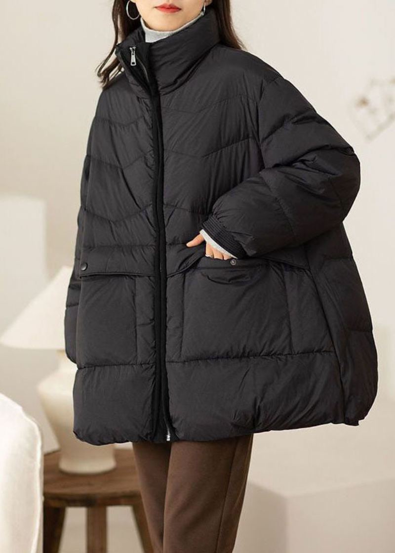 Manteau En Duvet De Canard Noir À Col Montant Et Poches Surdimensionnées Pour L'hiver - Doudounes femmes