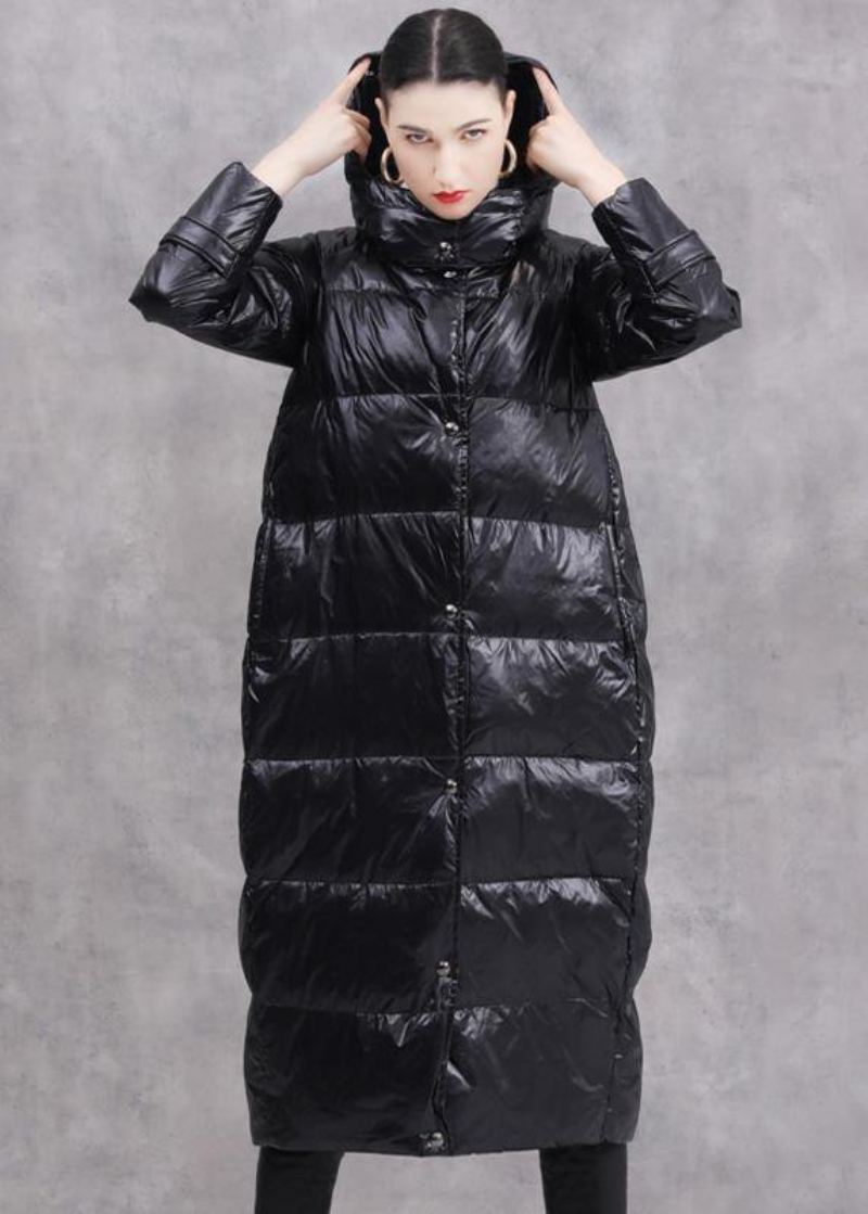 Manteau Duvet De Canard Noir Doudoune Oversize À Capuche Zippée Manteaux Fins