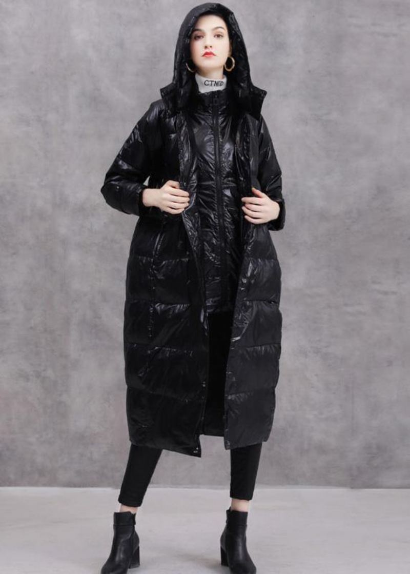 Manteau Duvet De Canard Noir Doudoune Oversize À Capuche Zippée Manteaux Fins - Doudounes femmes