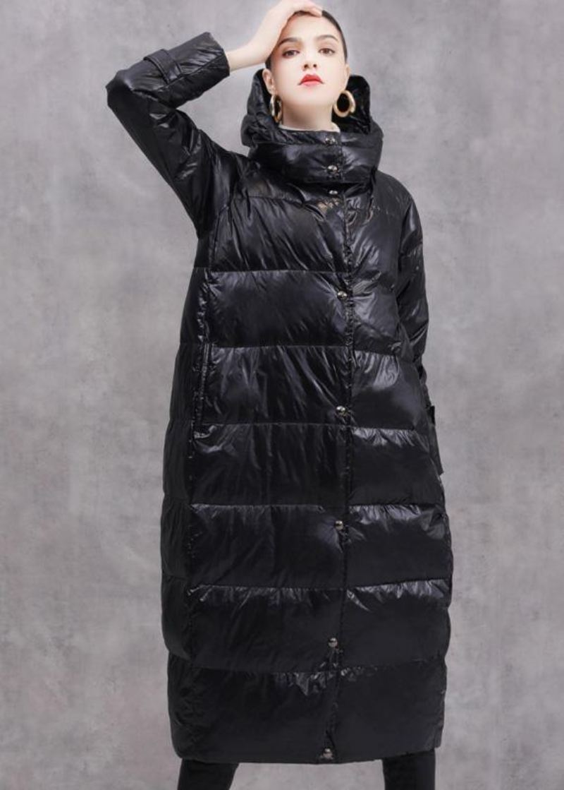 Manteau Duvet De Canard Noir Doudoune Oversize À Capuche Zippée Manteaux Fins - Doudounes femmes