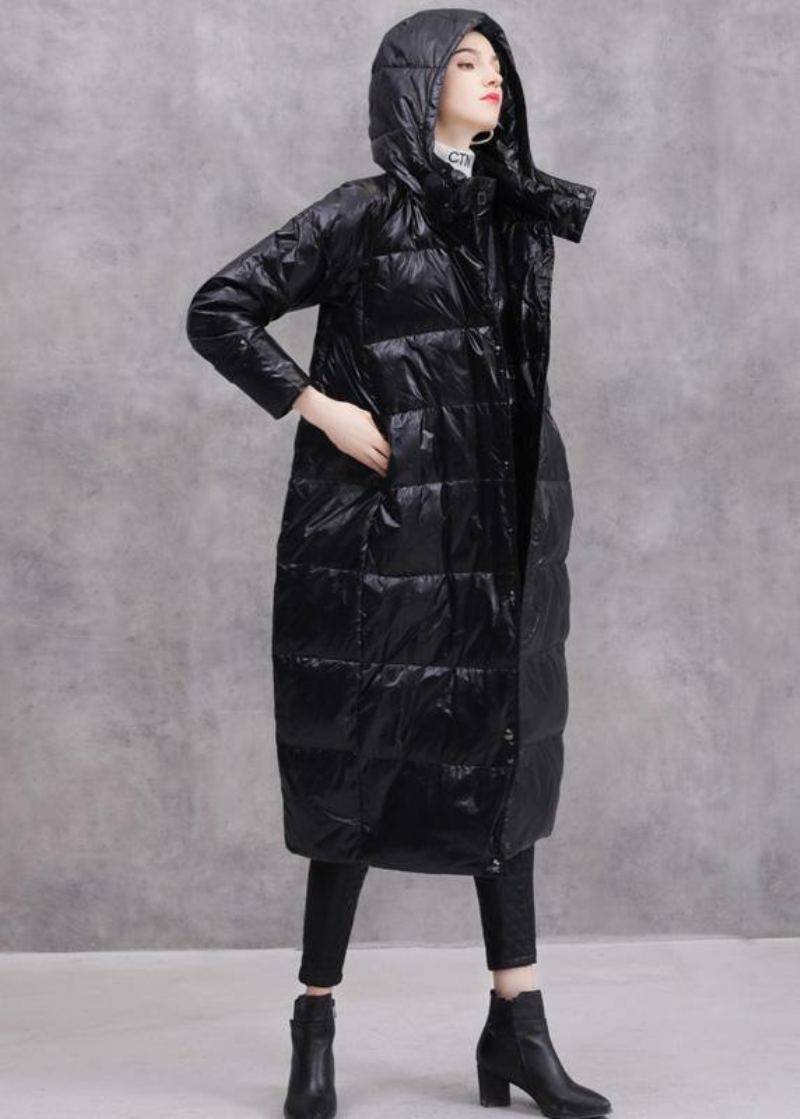 Manteau Duvet De Canard Noir Doudoune Oversize À Capuche Zippée Manteaux Fins - Doudounes femmes