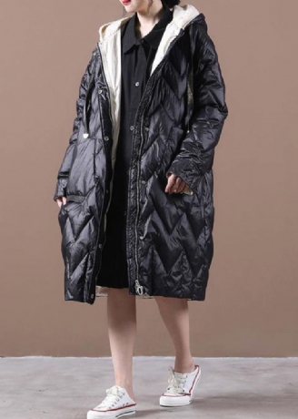 Manteau En Duvet De Canard Noir Élégant Parka Tendance Grande Taille Pour Femme À Capuche Avec Fermeture Éclair Pardessus Chaud