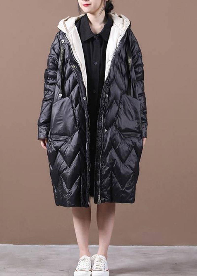 Manteau En Duvet De Canard Noir Élégant Parka Tendance Grande Taille Pour Femme À Capuche Avec Fermeture Éclair Pardessus Chaud - Noir