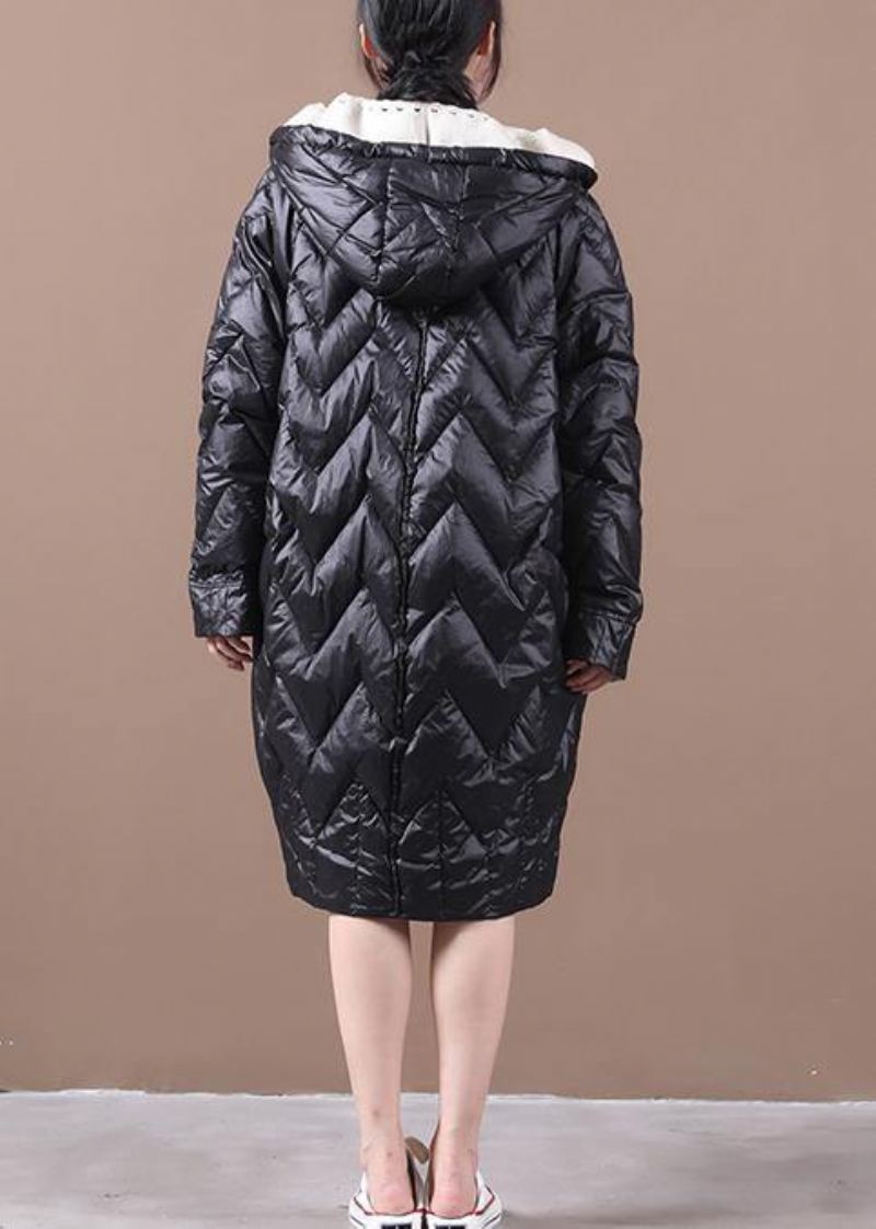 Manteau En Duvet De Canard Noir Élégant Parka Tendance Grande Taille Pour Femme À Capuche Avec Fermeture Éclair Pardessus Chaud - Noir