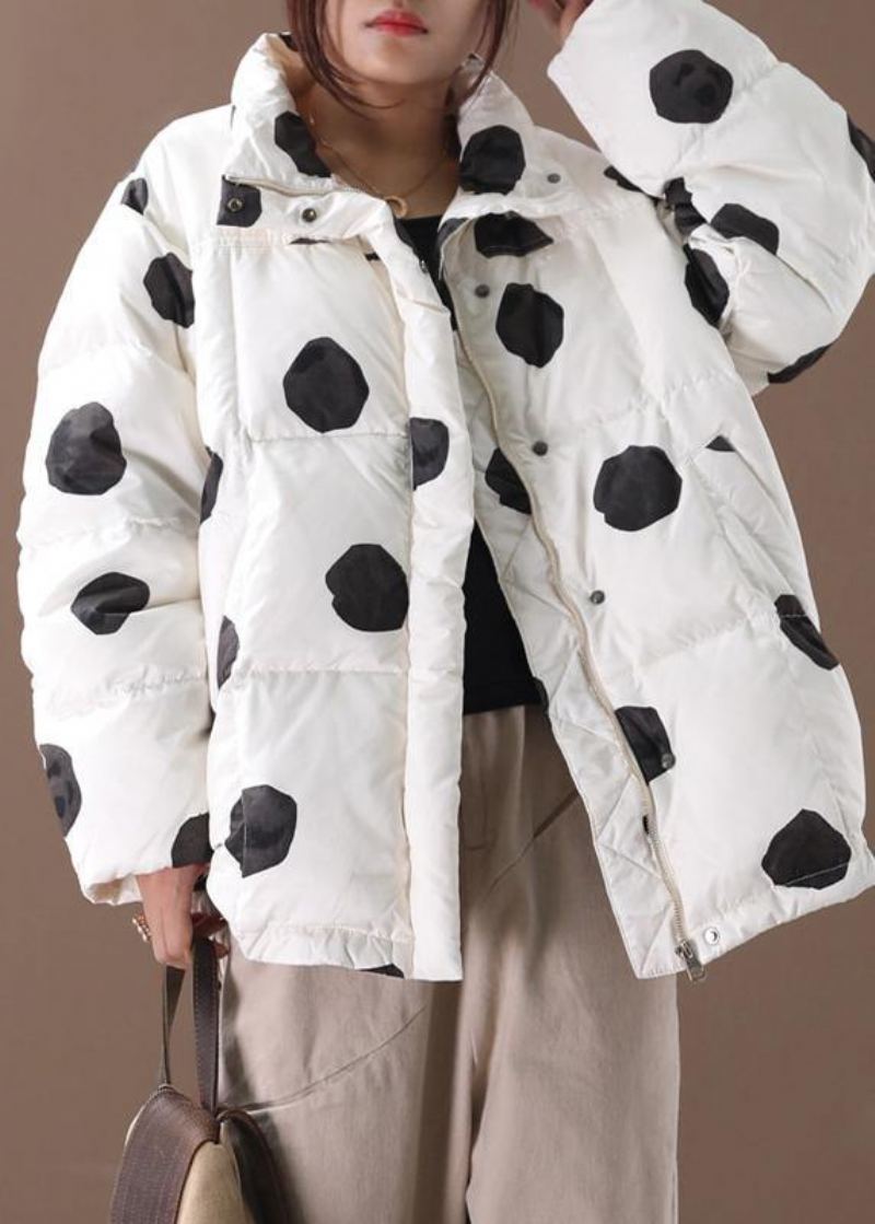 Manteau En Duvet De Canard À Pois Noirs Doudoune Grande Taille Col Montant Fermeture Éclair Manteaux Élégants - Doudounes femmes