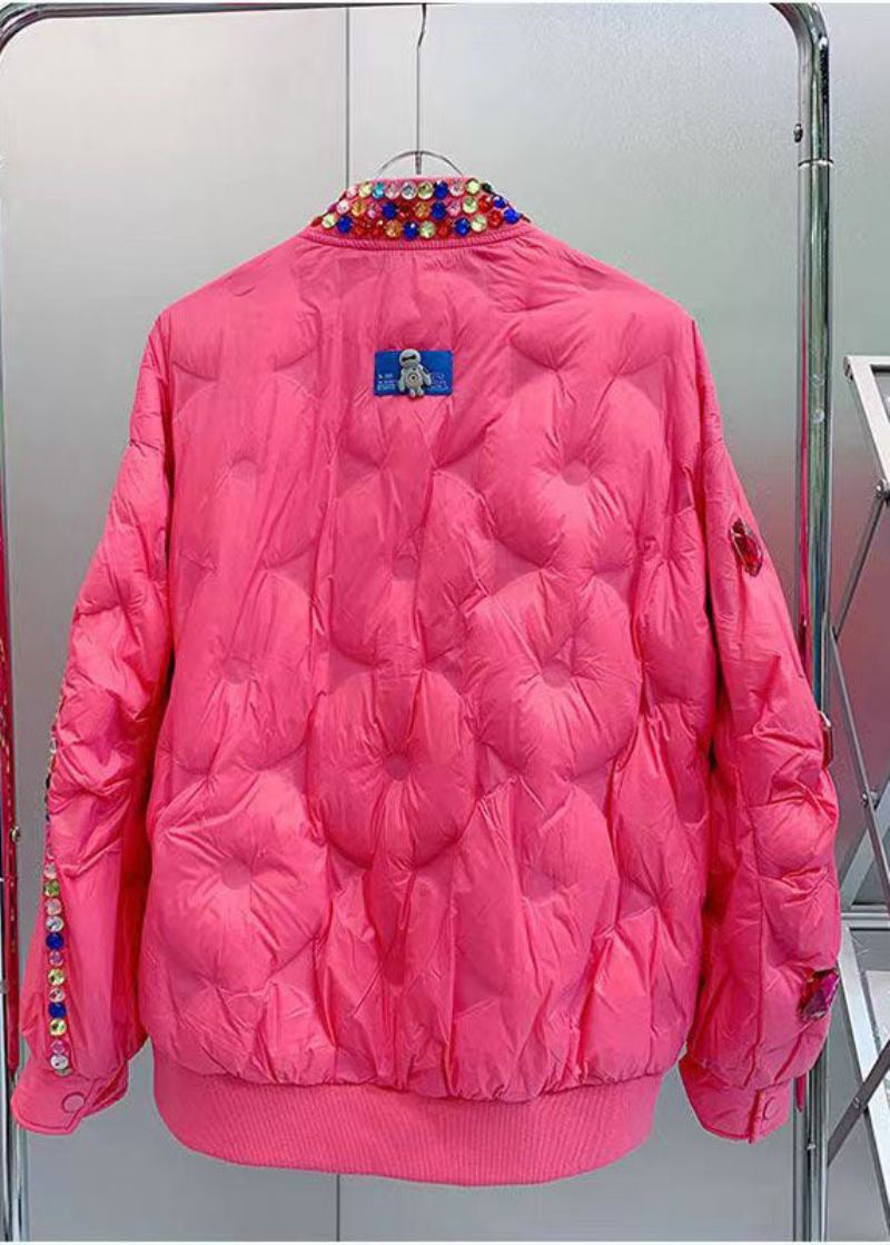 Manteau En Duvet De Canard Rose Ajusté À Col Rond Avec Perles En Zircon Hiver - Doudounes femmes