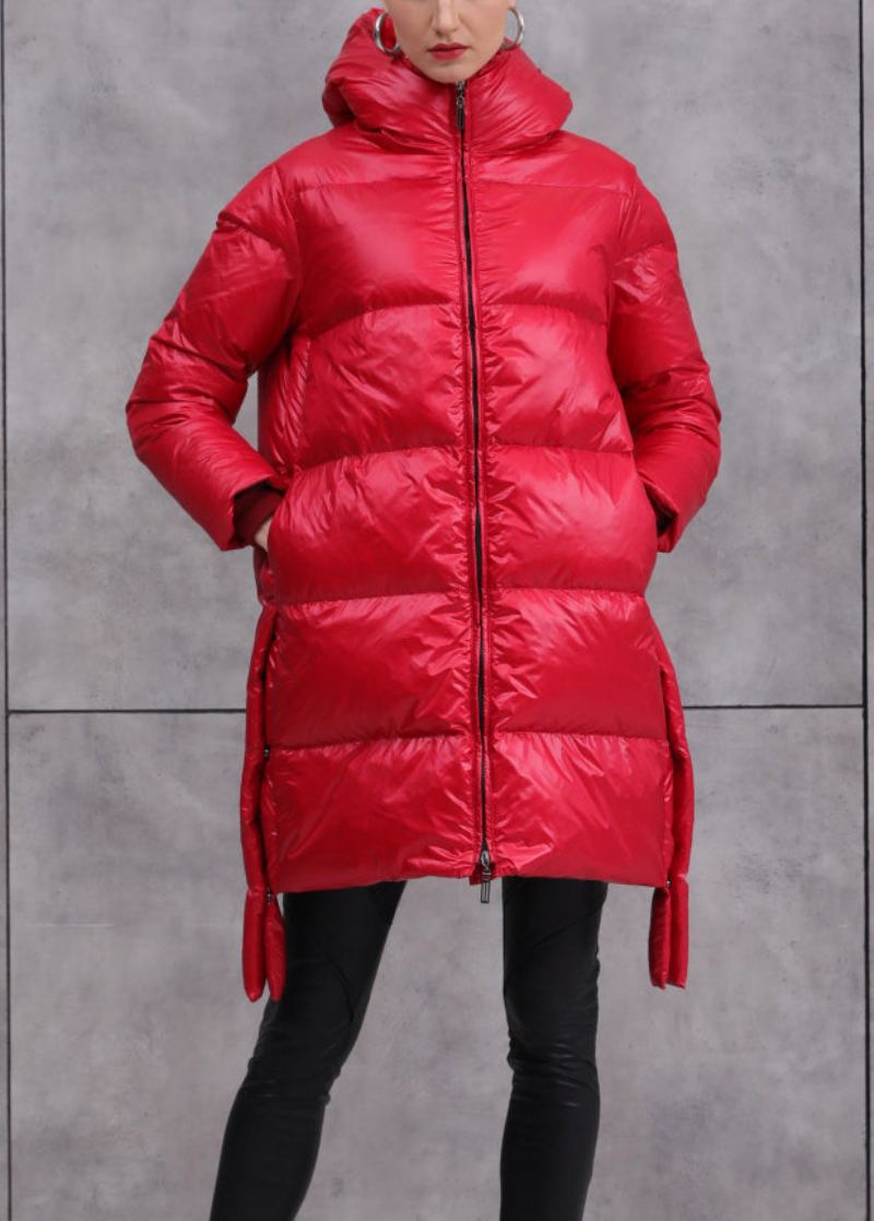 Manteau En Duvet De Canard Rouge Avec Poches Zippées Ample Patchwork Hiver