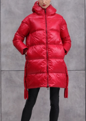 Manteau En Duvet De Canard Rouge Avec Poches Zippées Ample Patchwork Hiver