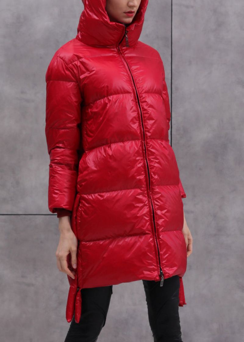 Manteau En Duvet De Canard Rouge Avec Poches Zippées Ample Patchwork Hiver - Doudounes femmes