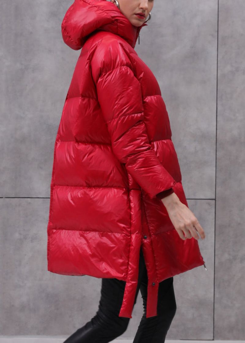 Manteau En Duvet De Canard Rouge Avec Poches Zippées Ample Patchwork Hiver - Doudounes femmes