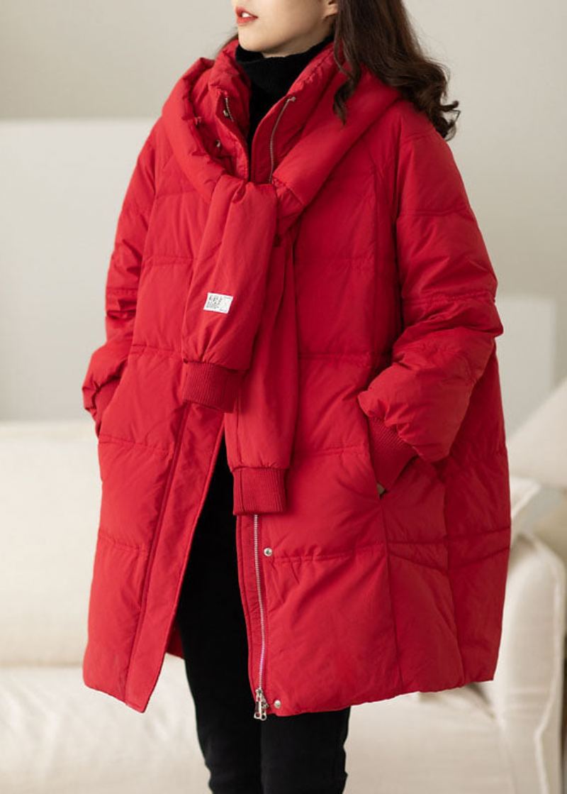 Manteau En Duvet De Canard Rouge Fait À La Main Avec Poches Zippées Et Hiver - Doudounes femmes