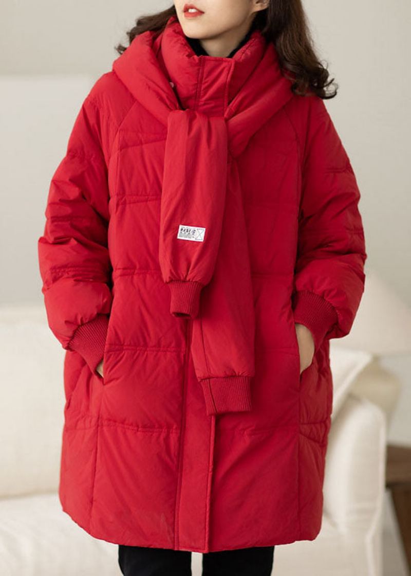 Manteau En Duvet De Canard Rouge Fait À La Main Avec Poches Zippées Et Hiver - Doudounes femmes