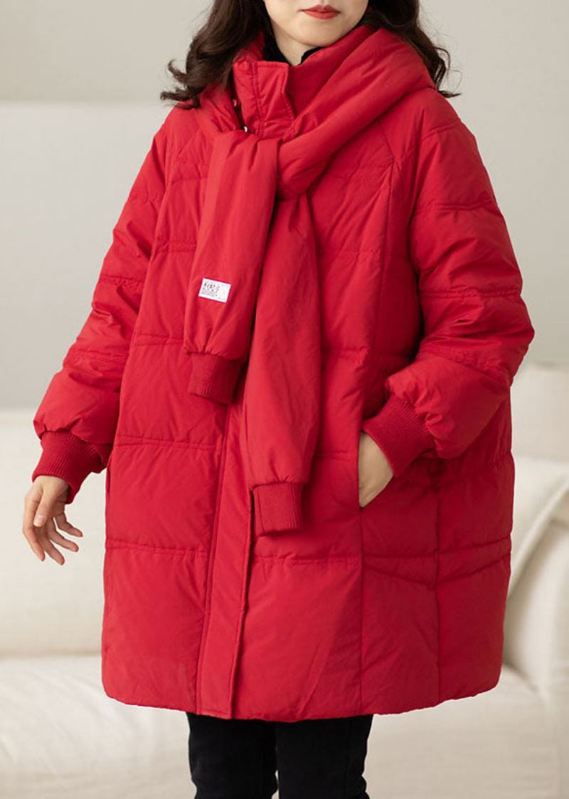 Manteau En Duvet De Canard Rouge Fait À La Main Avec Poches Zippées Et Hiver - Doudounes femmes