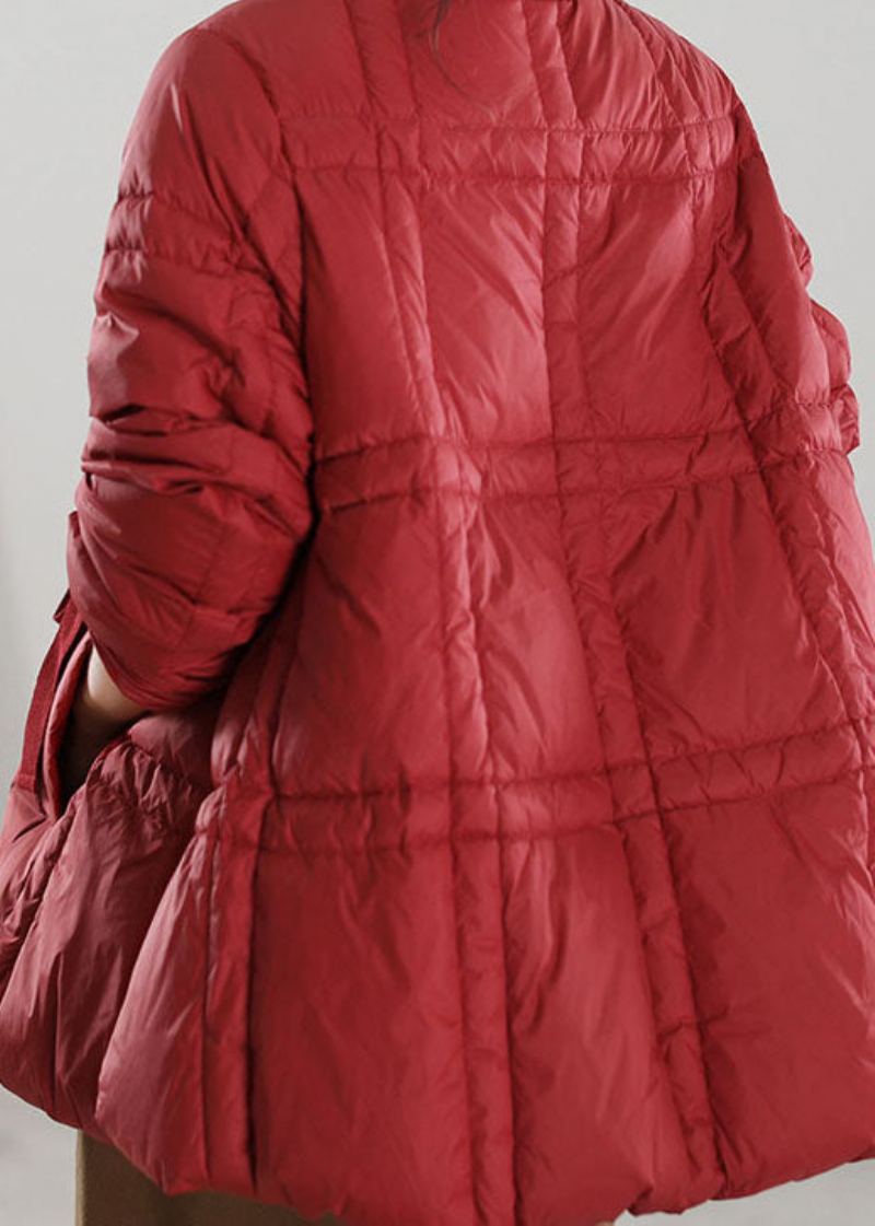 Manteau En Duvet De Canard Rouge Fait À La Main Col En V Taille Nouée Hiver - Rouge