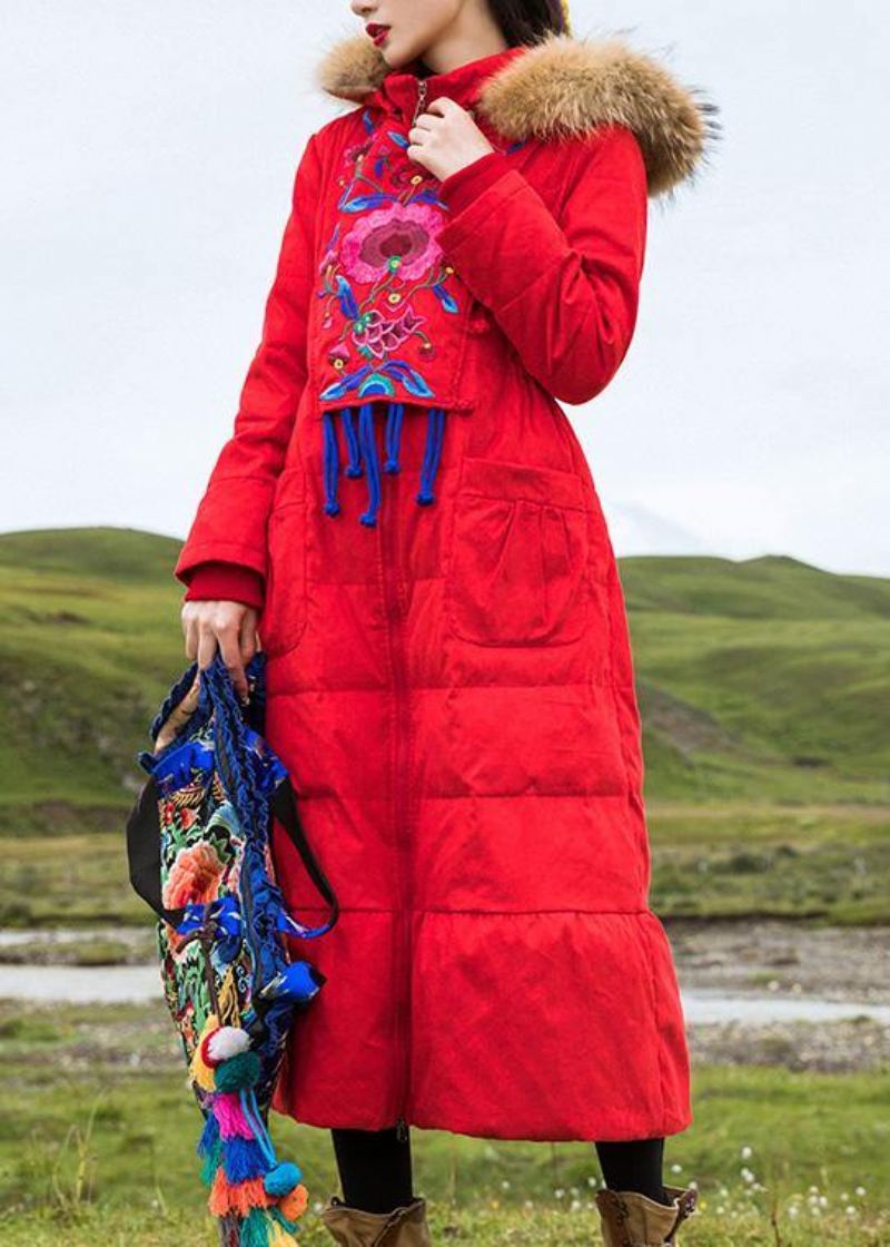 Manteau En Duvet De Canard Rouge Oversize Broderie Parka Femme À Capuche Nouveaux Manteaux - Doudounes femmes