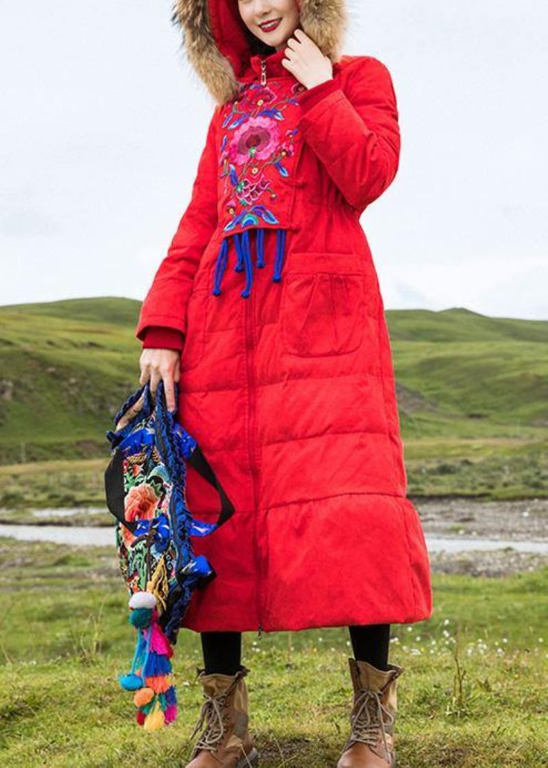 Manteau En Duvet De Canard Rouge Oversize Broderie Parka Femme À Capuche Nouveaux Manteaux - Doudounes femmes