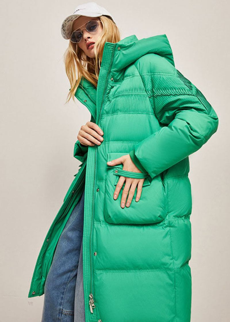 Manteau En Duvet De Canard Solide Froissé À Capuche Vert Ample Hiver